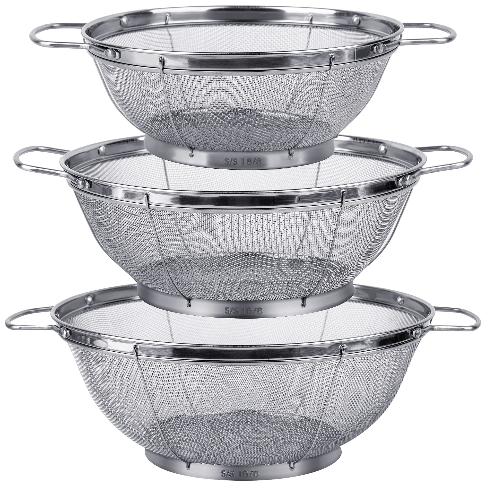 Tiawudi 3 Pack 18/8 Stainless Steel Colander Sieves, Mesh Strainer Net Baskets with Handles & Resting Base, Multi Sized for Strain, Drain, Rinse or Steam