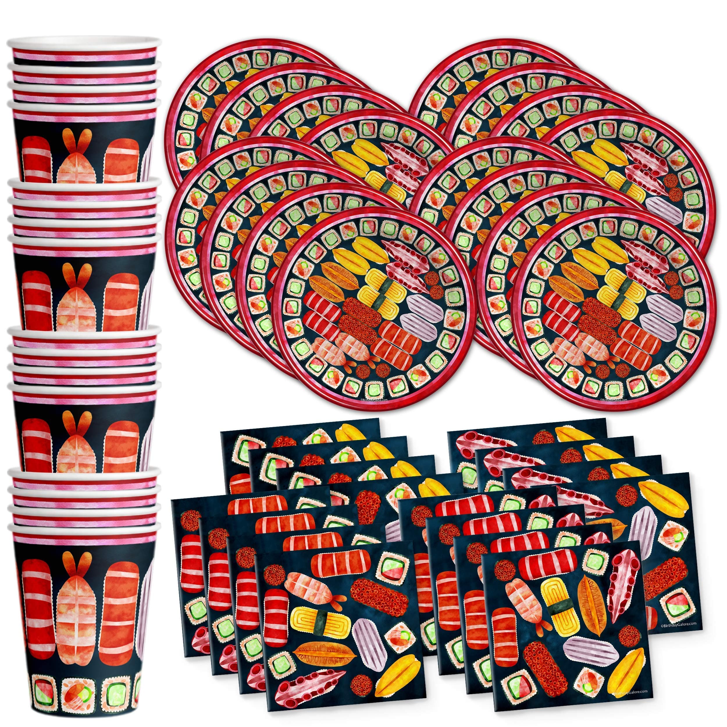 Birthday Galore Sushi Party Supplies Set Plates Napkins Cups Tableware Kit for 16