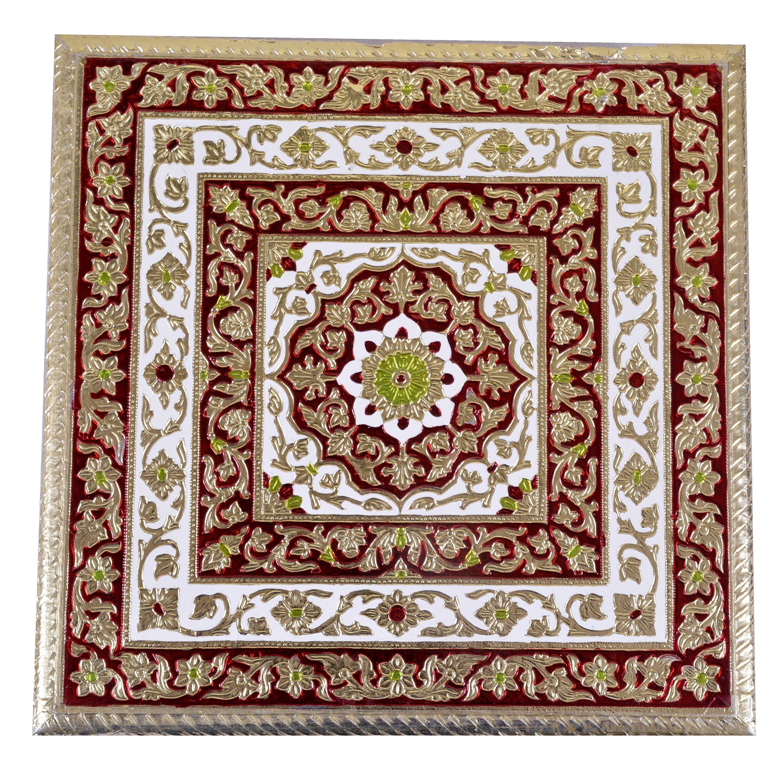 Meenakari Puja Bajot/Table/Chowki (Hindu Pooja, Indian Religious Chaurang), Vintage Gold Design, 8'' L X 8'' W X 5'' H, Small