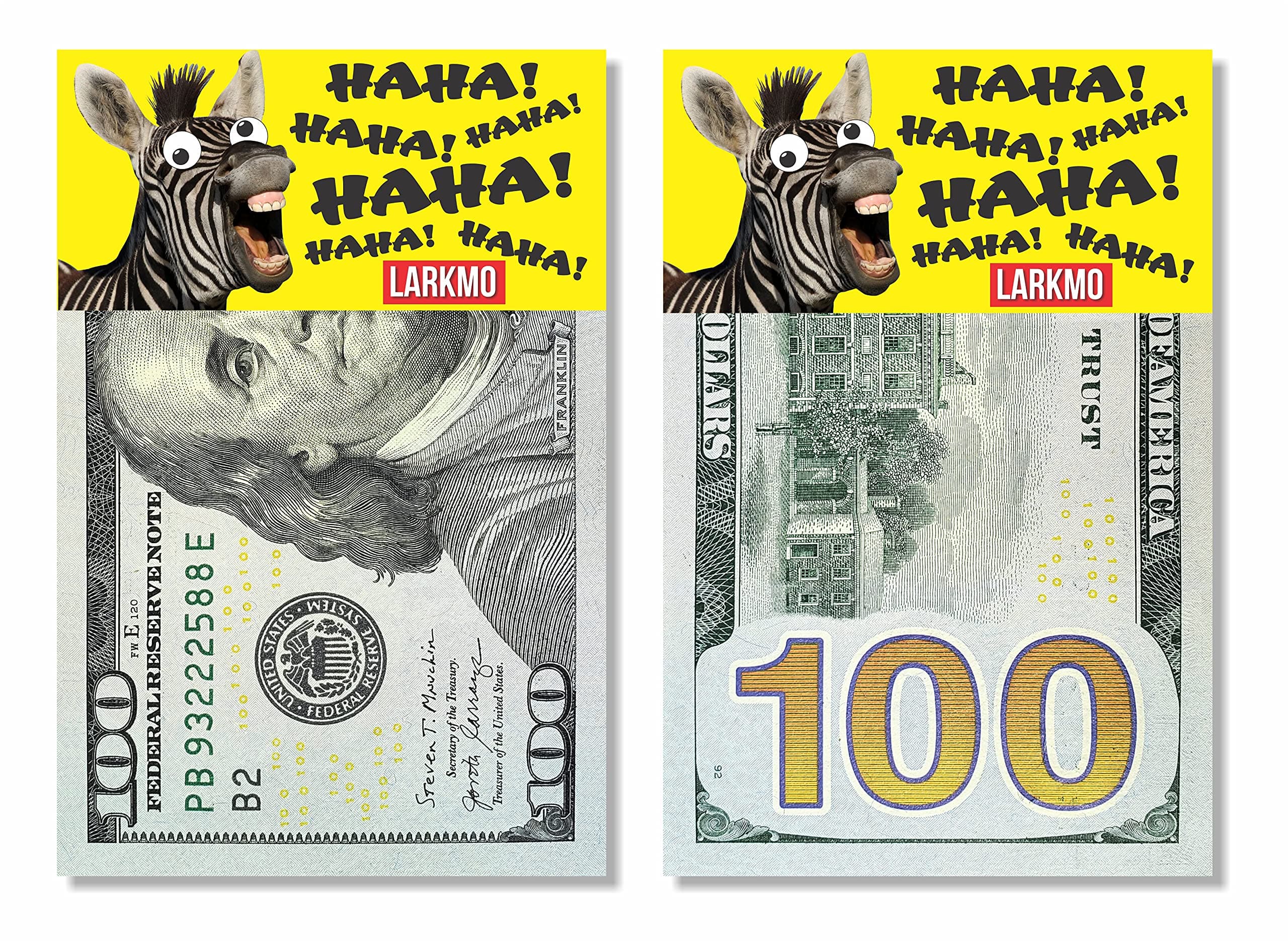 Larkmo The Pranking Zebra Funny $100 Gag, Realistic One Hundred Dollar Bill Joke Office Prank for Men, Women & Children, Great Practical Joke, Kit of 50 Pieces