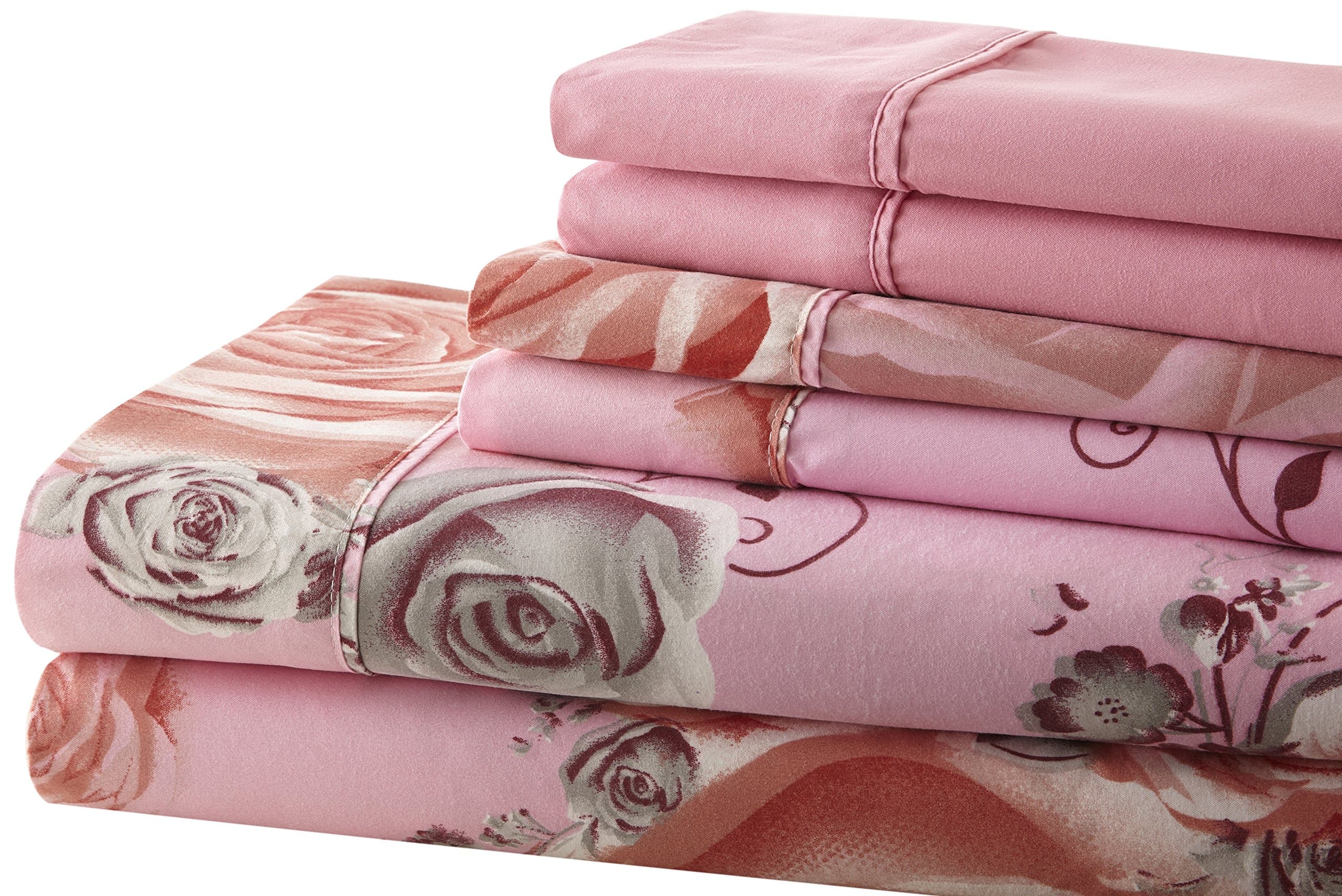 Spirit Linen Hotel 5Th Ave Palazzo Home 6-Piece Luxurious Printed Sheet Set, King, Pink/Grey Roses
