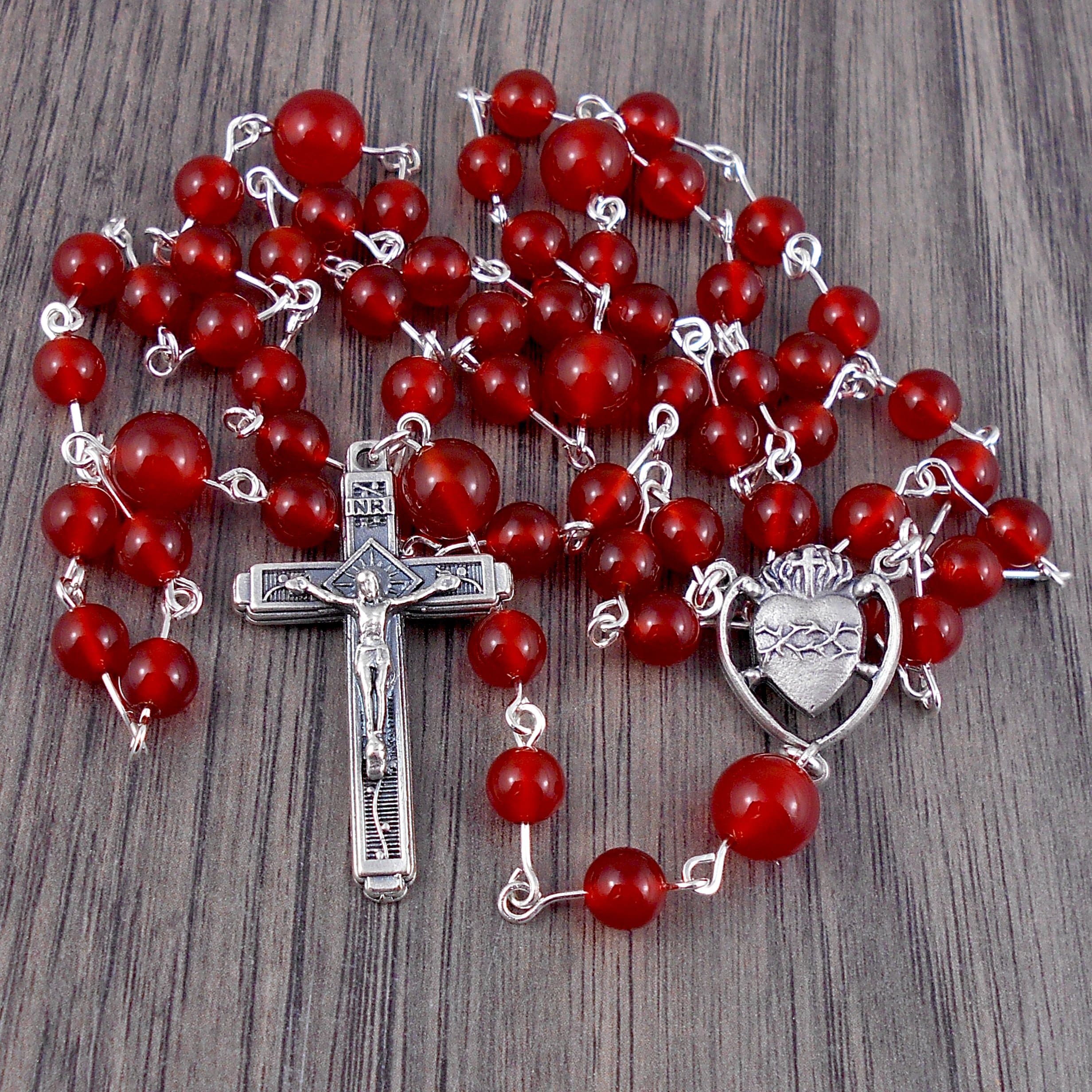 Red Carnelian Rosary with Italian made Vintage style Crucifix, Includes Gift Box