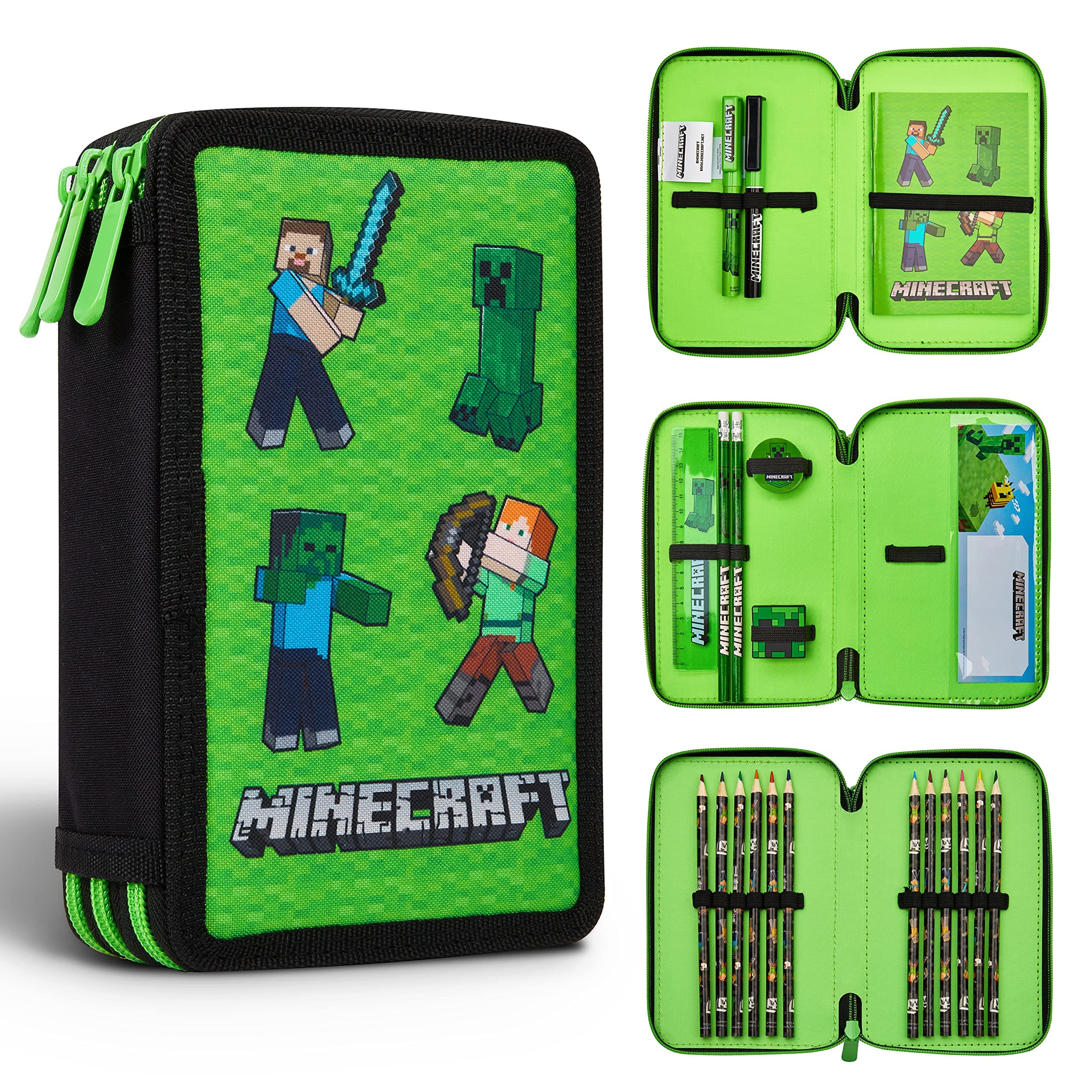 Minecraft Children's Pencil Case with Multiple Compartments, Stationery Included - Ecole Fourniture, Green Mob, Taille unique, School Pencil Case