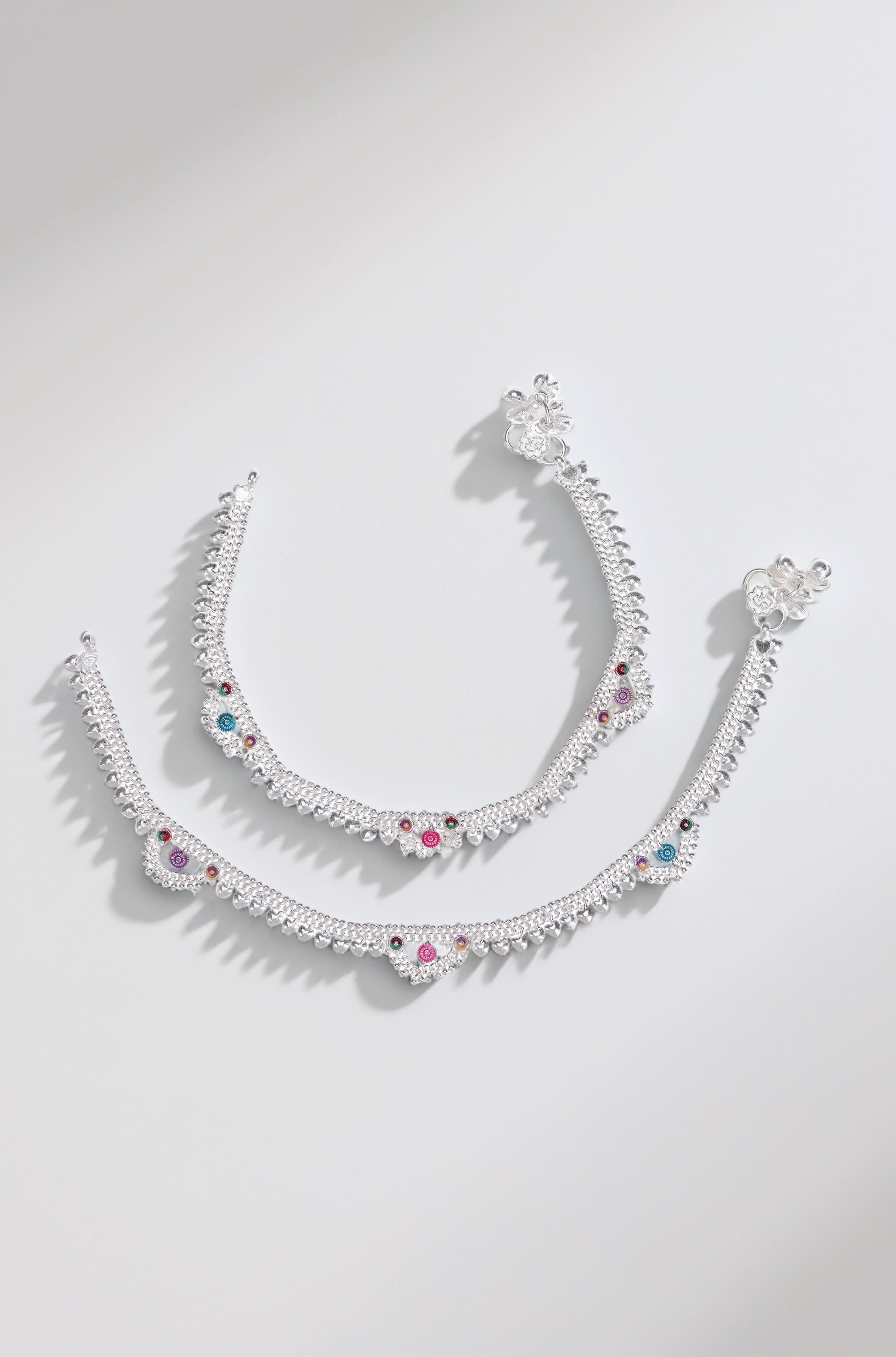 AanyaCentric Indian Traditional White Metal Anklets Payal Pair for Women Girls Fancy Collection with Silver Plating Attached Ghungroo Fashion Designer Barefoot Foot Jewellery