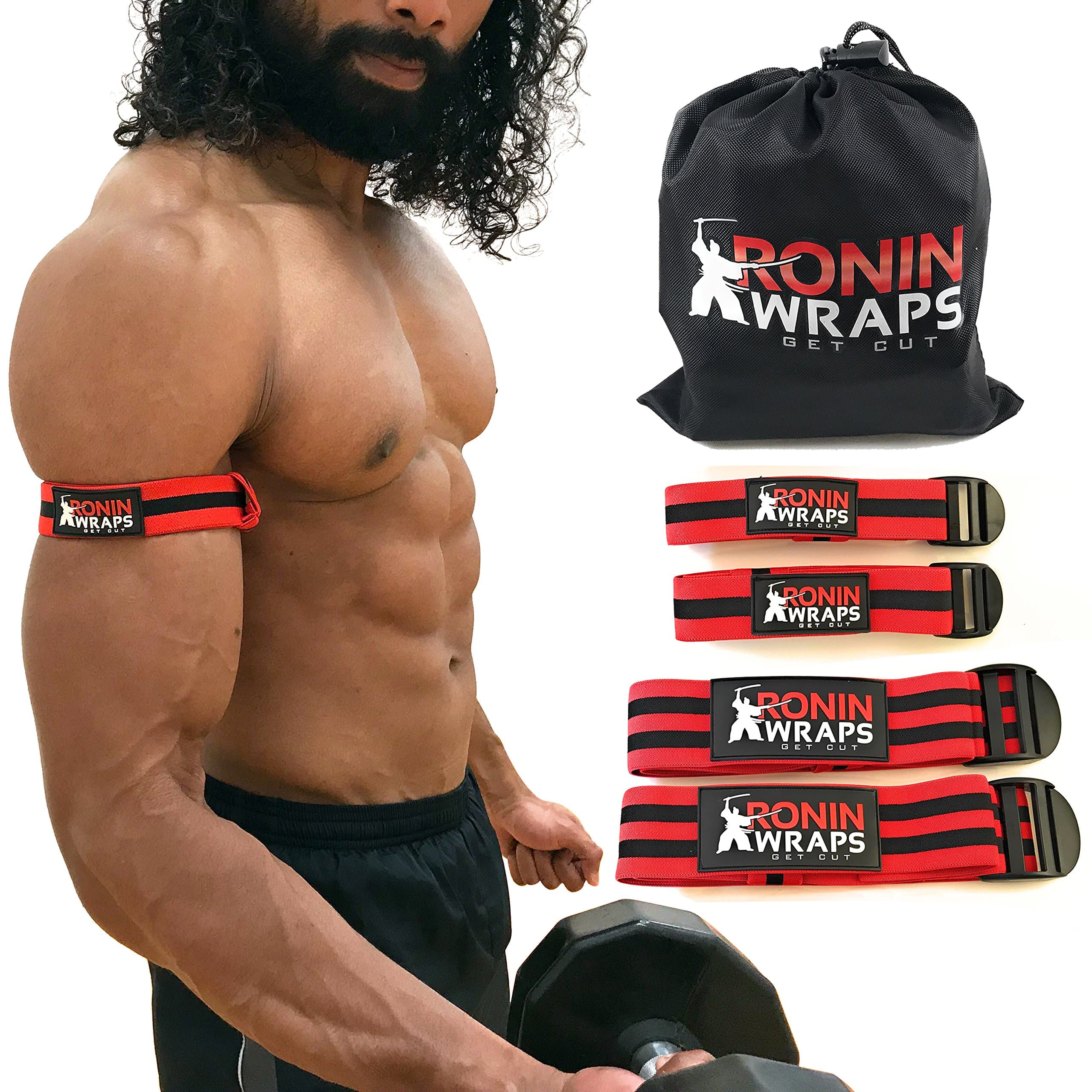 Ronin Wraps | Elastic BFR Occlusion Bands | Blood Flow Restriction Training | 4 Pack (2 for arms - 2 for Legs) | Free 21 Page Ebook | Sleek NO Pinch Buckle Design | Comfortable Elastic Material
