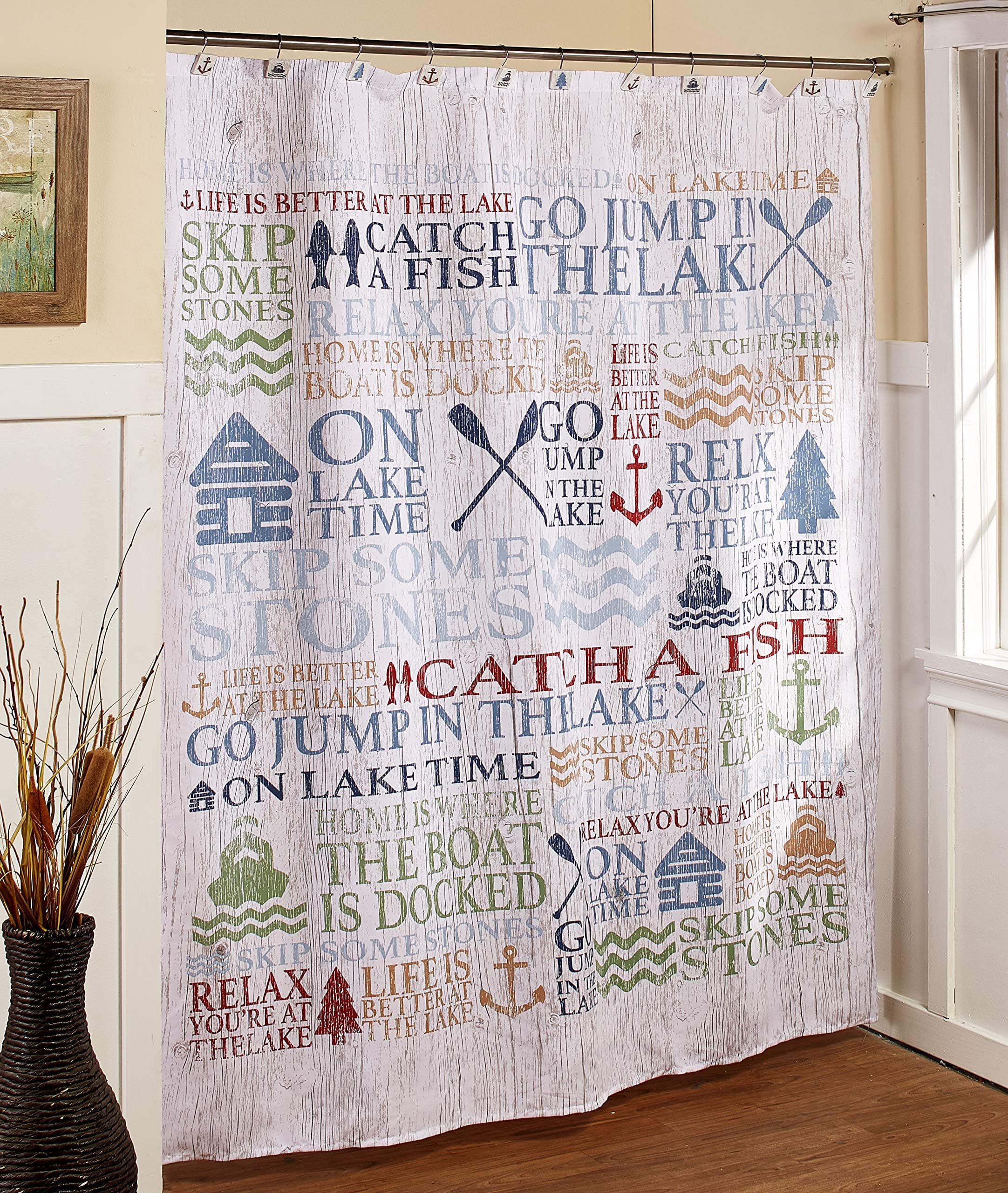The Lakeside Collection Lakewords Shower Curtain with Inspirational Cabin Vacation Sayings