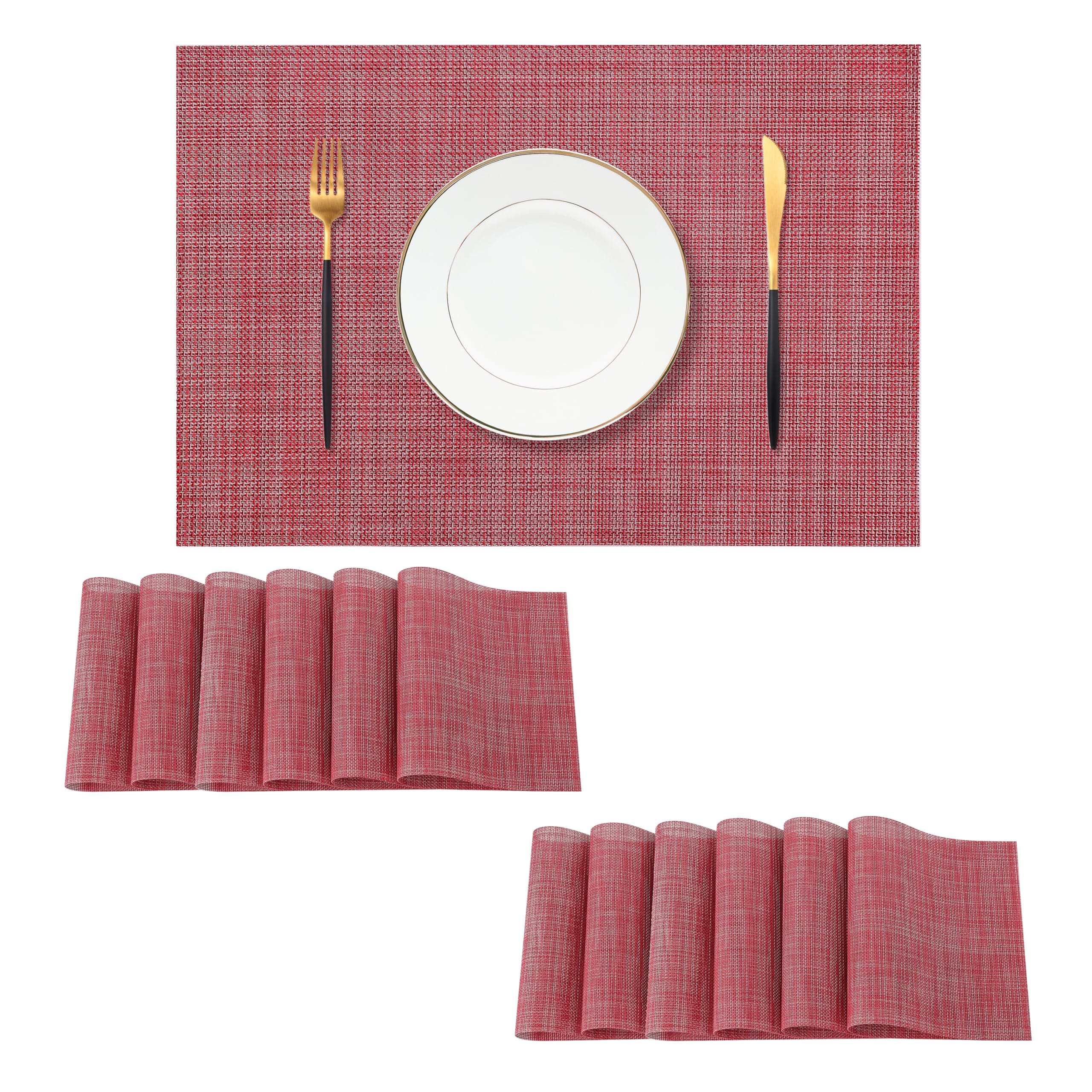 Leetaltree Red Placemats Set of 12 - Heat Resistant Non-Slip Place mats for Dining Table, Washable Durable PVC Vinyl Woven Table Mats（Red, 12）
