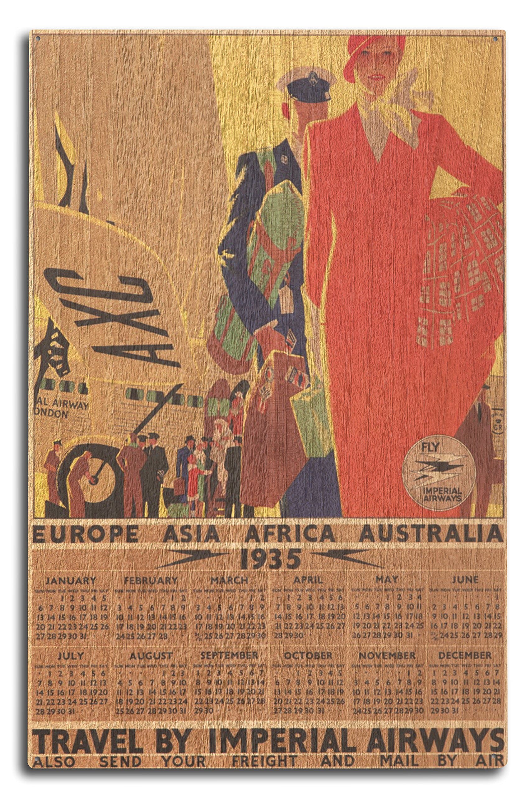 Imperial Airways - 1935 Calendar Vintage Poster (Artist: Purvis, Tom) England c. 1934 (10x15 Wood Wall Sign, Wall Decor Ready to Hang)