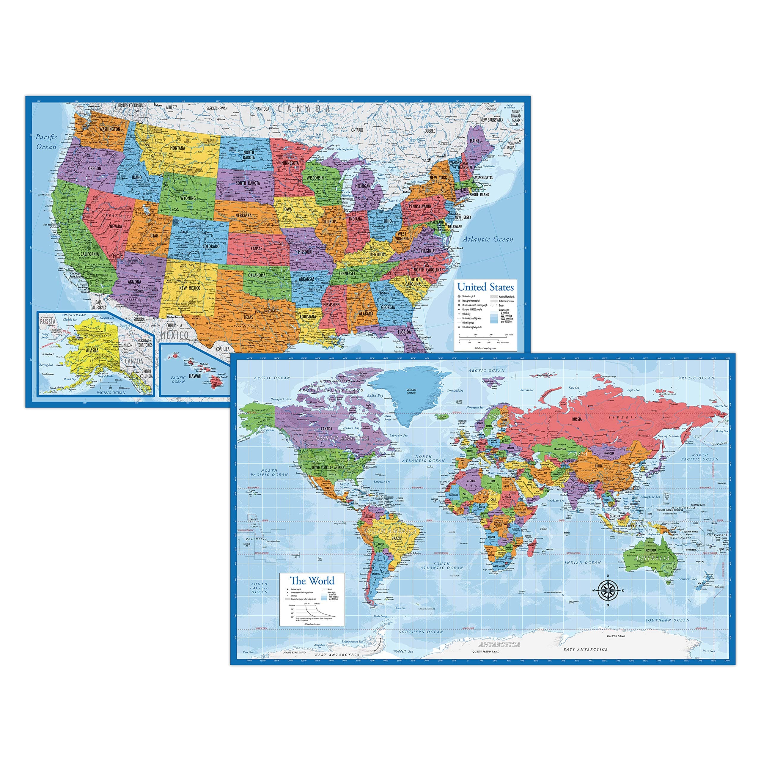 – Laminated World Map & US Map Poster Set - 18" x 29" - Wall Chart Maps of the World & United States - Made in the USA - Updated for 2021 (LAMINATED, 18" x 29")