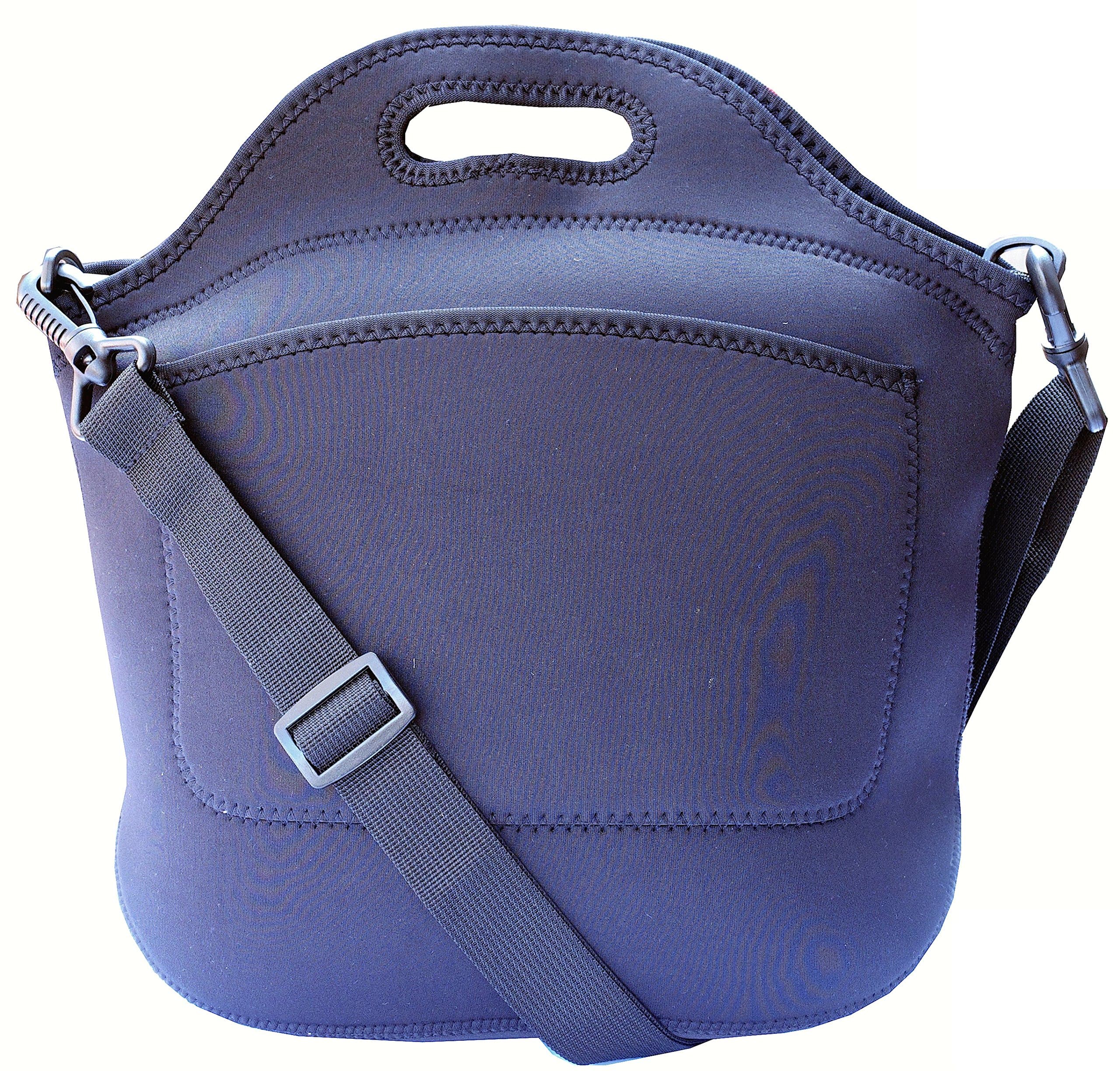 Neoprene Lunch Bag With Pocket, Shoulder Strap, Heavy Duty Zipper – Reusable Easy To Clean Extra Large – Keeps Food Fresh – Eco-friendly Cooler Bag (14" x 13.5" x 7", Black)