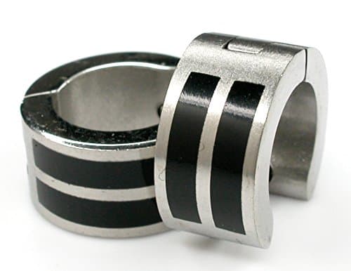 Stainless Steel Black Huggie Earrings Stripe Hoop Ear Hanging Cuff Squared Frosted Silver Two Stripe Black