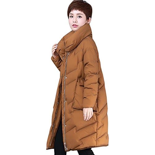 women down jacket stand collar long sleeve button zipper pocket warm windproof thicker parkas puffer coats . brown . xl