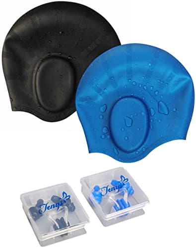 Tengs Set of 2 Unisex Silicone Long Hair Swim Cap with Ergonomic Ear Pockets + Nose Clip + EarPlug