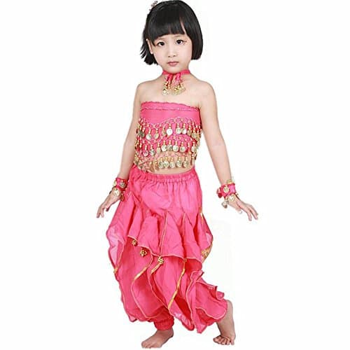 Byjia Children'S Belly Dance Set India Girl Tulle Handmade Sequins Multicolor Clothes Costume Modern Child Party Princess Professional Performance . Rose Red . M