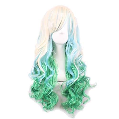 Rise World Wig Women's Two Tone Gradient Blonde Green Long Curly Wigs Cosplay Full Hair Wig