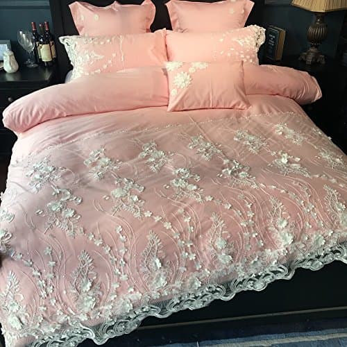 4pc Bedding set,Embellished&embroidered Lace Cotton Princess style Duvet cover set Include:Quilt cover*1 Bed sheet*1 Pillowcase*2-B King