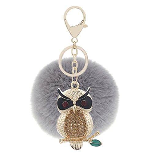 Women Crystal Rhinestone Keychain Owl Faux Rabbit Fur Pom Pom Rinestone Bag Car Charm Key Ring Pendant (C1)