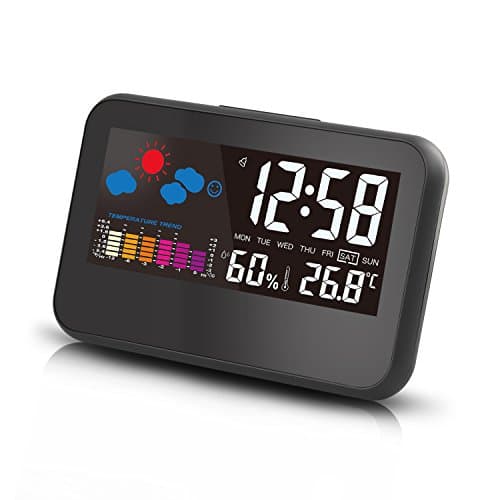 CIGERA 6.5 Inch Digital Weather Station Alarm Clock with Smart Backlight,Weather Forcast, Indoor Temperature and Calendar, Powered by Battery and USB Cord, Black