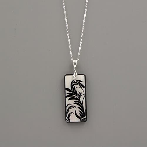 Mother of Pearl Black Leaf Rectangle Pendant Necklace - Silver Delicate Oval Cable Chain 2&16-in
