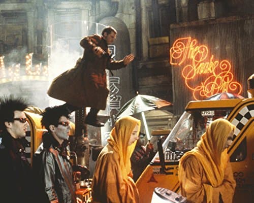 Harrison Ford in Blade Runner leaping above taxis on street 16x20 Canvas Giclee