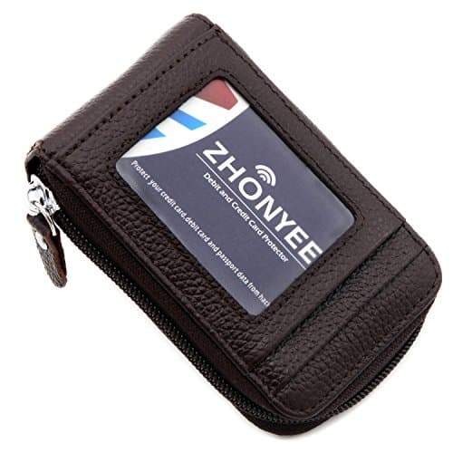 ZHONYEE Genuine Leather RFID Blocking Mini Credit Card Case Organizer Compact Wallet - Coffee