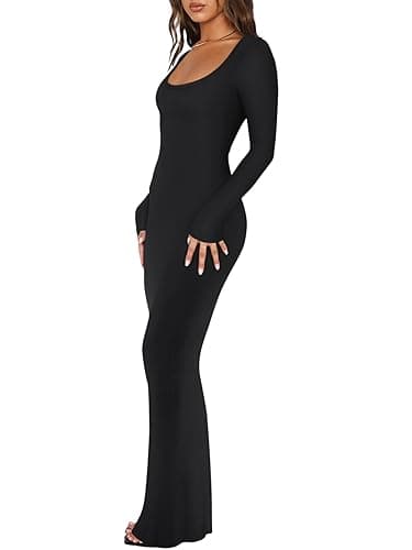 REORIA Womens Basic Sexy Square Neck Long Sleeve Soft Lounge Long Dress Fall Casual Ribbed Bodycon Maxi Dresses
