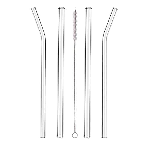 WZ Glass Straws - Reusable Clear Glass Straws for Smoothies, Cocktails & Cold Drinks (Pack of 2 Straight, 2 Bent & 1 Cleaner)