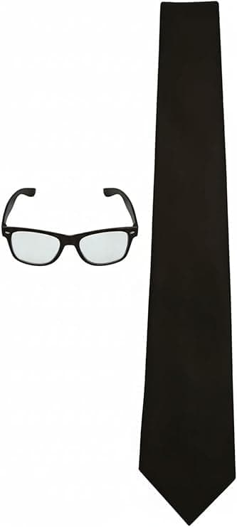 Men's Plain Black Tie & Clear Glasses. Perfect For Funerals, Weddings, Interviews, Formal Business Attire, Fancy party.