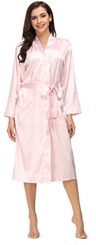 Kiddom Women Pajamas Silky Satin Robe Bathrobe Spa Loungewear Long Sleepwear with Pockets