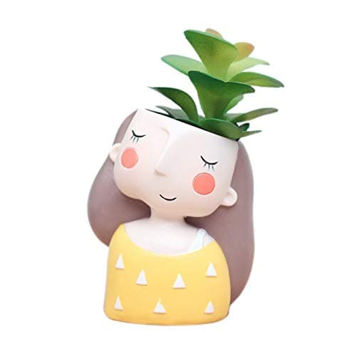 YoufuiCute Girl Cartoon Flowerpot Animal Resin Succulent Planter Desk Mini Ornament (Yellow Dress Girl)