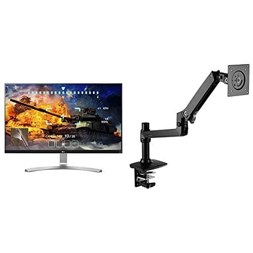 LG 27UD68-W 27-Inch 4K UHD IPS Monitor with FreeSync, Silver/White with AmazonBasics Premium Single Monitor Stand - Lift Engine Arm Mount, Aluminum - Black Bundle