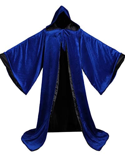 LuckyMjmy Velvet Wizard Robe with Satin Lined Hood and Sleeves (Royal Blue-Black)