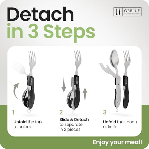 Orblue 2-PACK 4-in-1 Camping Utensils - Portable Stainless-Steel Camping Spoon, Fork, Knife and Can / Bottle Opener - Backpacking Utensils with Case