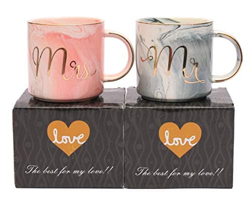 Luspan Mr and Mrs Couples Coffee Mugs - Unique Wedding Gift for Bride and Groom - Gift for Bridal Shower Engagement Wedding and Married Couples - Ceramic Marble Cups 13 oz(Grey and Pink)