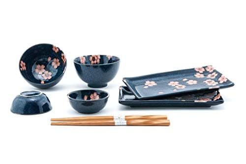 Fuji Merchandise Pink and Blue Sakura Cherry Blossoms Sushi Dinnerware 6pc Set for Two Including Plate Sauce Bowls and Rice Bowl with Chopsticks Made in Japan