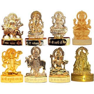 Satya Vipal™Gold Plated Idols- Ganesh Ji,Laxmi Ji,Durga Ji,Saraswati Ji,Hanuman Ji, Shiv Ji, Radha Krishna Ji, GAI Krishna Ji - 8 Pcs (7x1x5 cm Each)