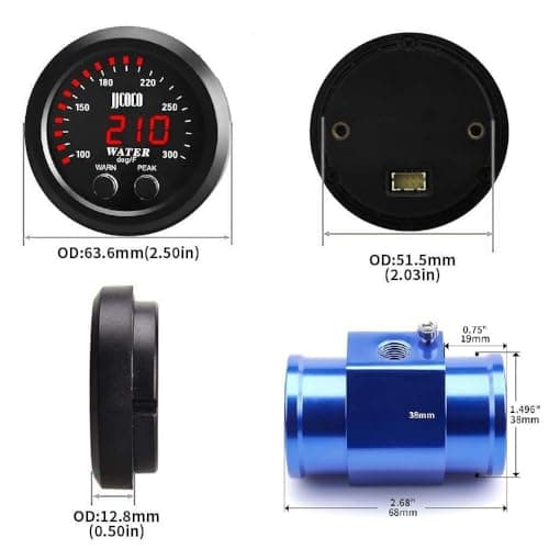 Universal 52mm Water Temperature Gauge with Alarm and 1/8 Npt Sensor Car Digital Meter Red Display Green Ambient Light Temp 100-300F(-17~187C)