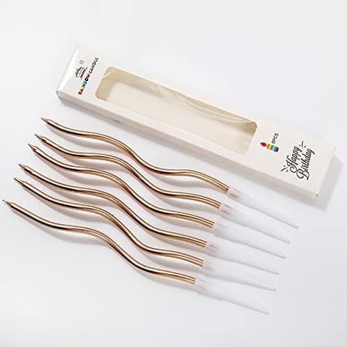 6Pc Twisty Birthday Unscented Metallic Curly Coil Candles Set With Holders Creative Cake Cupcake Long Thin Wedding Birthday Kids,Cake Decoration (Champagne)
