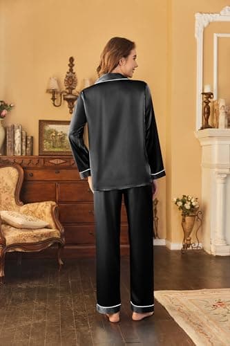 Ekouaer Women's Classic Button Down Long Satin Silk Pajama Set