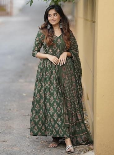 Nermosa Women Printed Flared A-Line Kurta with Pant and Dupatta Suit Set | Kurta Set