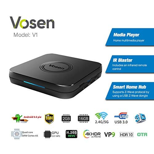 Vosen V1 Smart Home Hub Android TV Box 9.0 2G DDR4 RAM 16 ROM Quad Core CPU DDR4 4K HDR Support Z-Wave Protocol BT 4.0 Dual Wifi 2.4G&5G IR Blaster Function