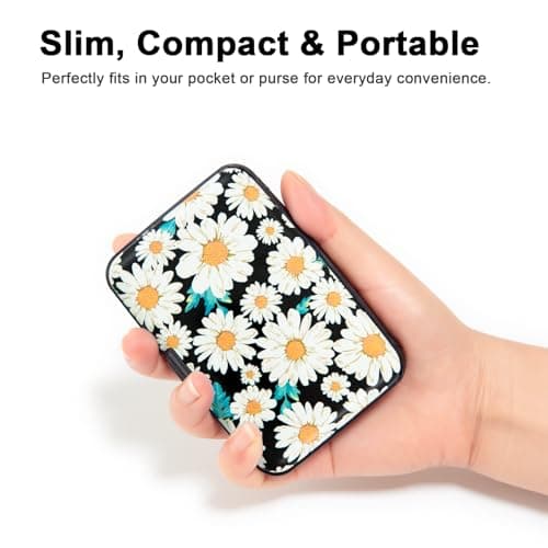 Credit Card Holder Small RFID Blocking Wallet Business Metal Slim Mini Aluminum Hard Case for Women Men Gift, Daisy Flower, small, Minimalist, Compact, American