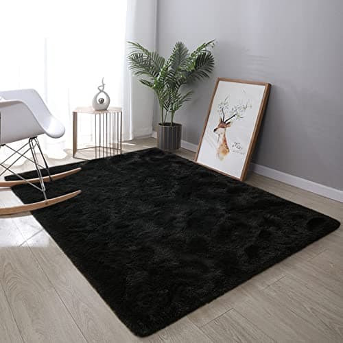 DweIke Fluffy Shaggy Area Rug, Black Plush Rugs for Living Room Bedroom, Soft Carpets for Kids Girls Boys Room, Extra Large Fuzzy Rug, Upgrade Non-Slip Rugs, 6 ft X 9 ft, Black