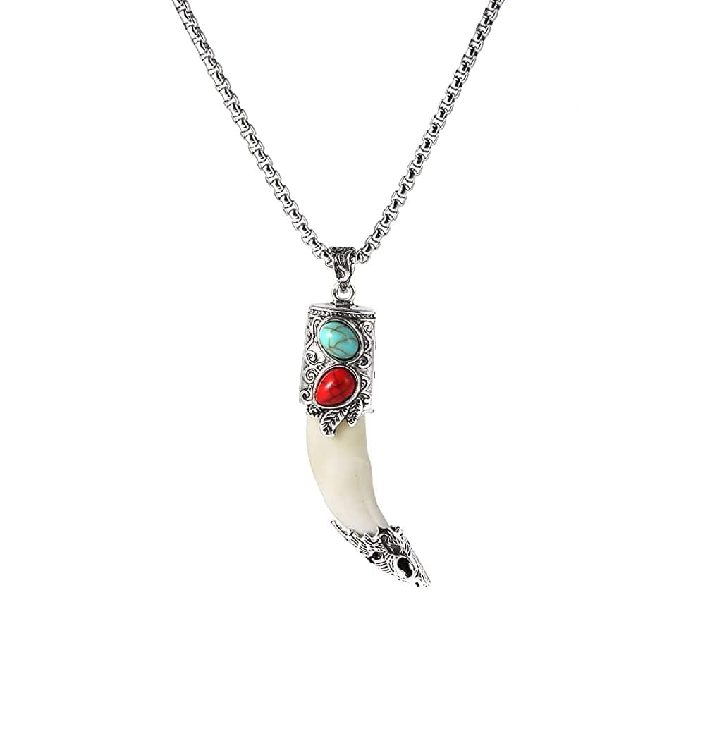 YANRU Men's Metal Turquoise Pendant Necklace Indian Teeth Tribal Jewelry Indiana National Wind Pendant