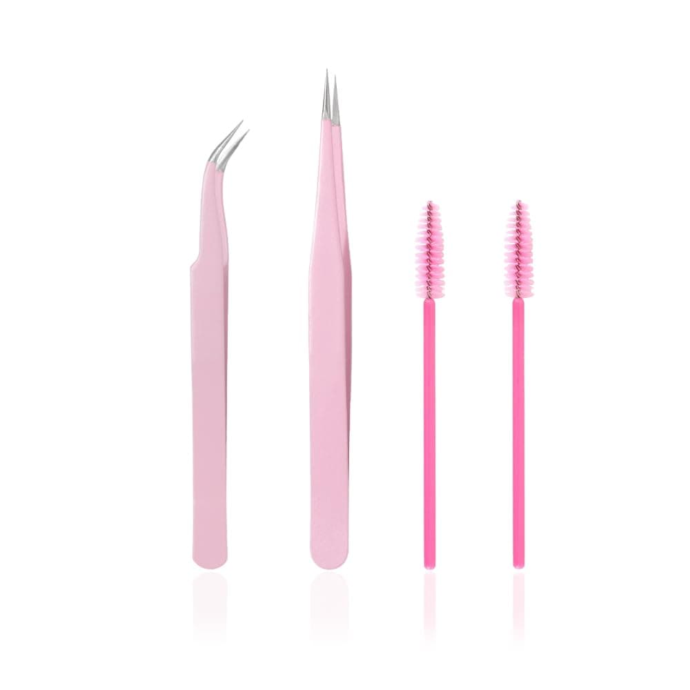 Stainless Steel Eyelash Extension Tweezers Straight and Curved Tip Eyelash Tweezers for Eyelash Extension Applications with Eyelash Brush (4PCS)