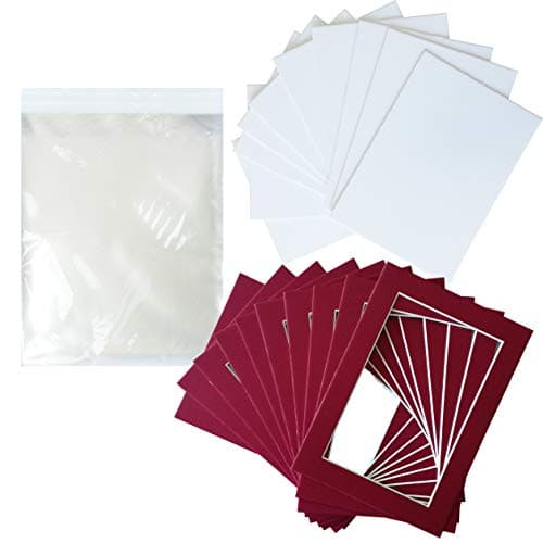 Studio 500 Pack of 10 Red Pre-Cut Picture Mat 5x7 inches for 4x6 Red Photo Matt with White Core Bevel Cut Mattes Sets + Backing Board + Clear Plastic Bags (Pack of 10 Red 5x7 Complete Set)