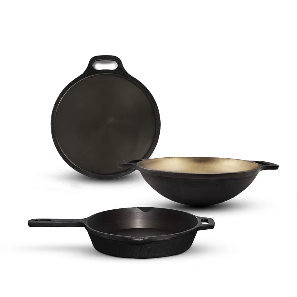 The Indus Valley Super Smooth Cast Iron Cookware Set | Tawa (30.5 Cm) + Kadai (25.4 Cm/2.5L) + Fry Pan (25.4 Cm/1.9L) | Kitchen Cooking Combo Pots And Pans Set Of 3Pcs | Naturally Nonstick - Black