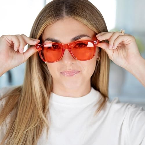 Color Therapy Glasses - Stylish Colored Chromotherapy Chakra Light Eyewear to Support Mood, Relaxation, Focus & More Colorful Sunglasses Set of 10 with Matching Felt-Lined Pouches, Red