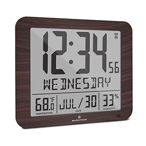 Marathon Slim Jumbo Atomic Wall Clock, Wood Finish - Large Full Calendar Display, Alarm, Indoor Temperature & Humidity, Time in AM/PM or 24-Hour Format, Seven Time Zones