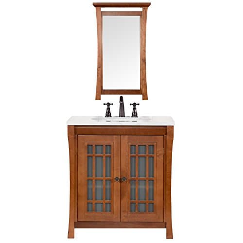 MAYKKE Shoji 31" Pacific-Rim Single Bathroom Vanity Set in Cinnamon, Marble Vanity Top in Carrara White, Ceramic Undermount Sink in White, Mirror in Cinnamon LBA0430002